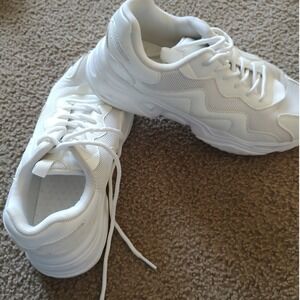 White Chunky Platform Sneakers Mesh Lace Up Dad Shoes Streetwear Trainers 11 "